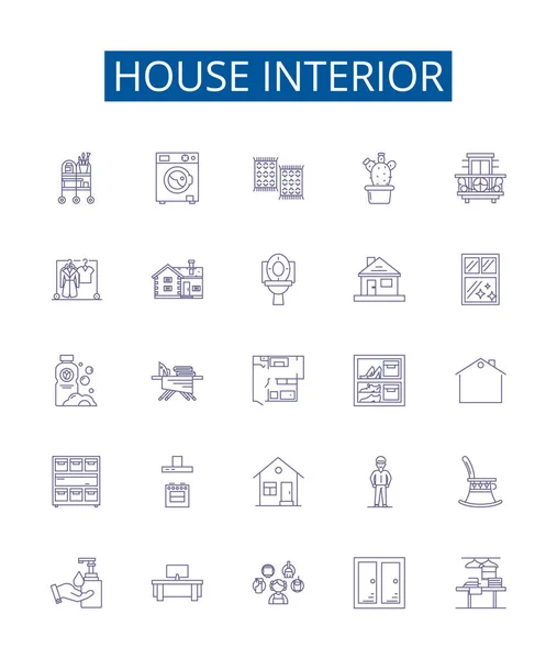 House Interior Line Icons Signs Set Design Collection Furnishings Decor — Stock Vector