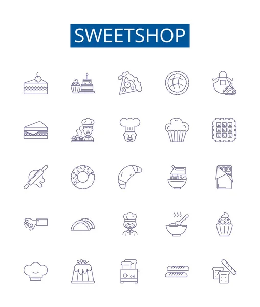 Sweetshop Línea Iconos Conjunto Signos Diseño Colección Dulces Dulces Confitería — Vector de stock