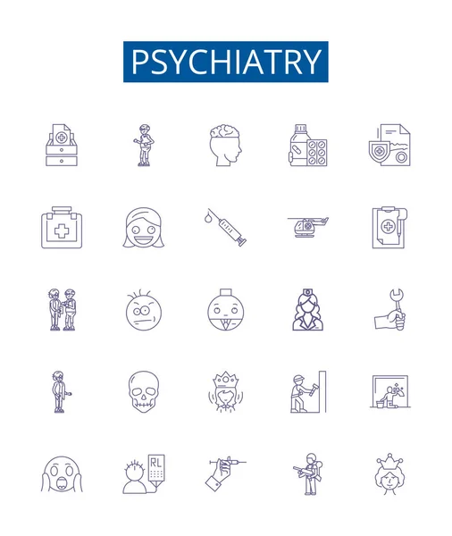 Ligne Psychiatrie Icônes Signes Ensemble Design Collection Psychiatry Mental Health — Image vectorielle