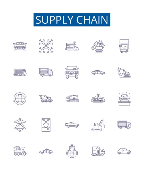 stock vector Supply chain line icons signs set. Design collection of Logistics, Supply, Distribution, Procurement, Flow, Management, Manufacturing, Delivery outline vector concept illustrations