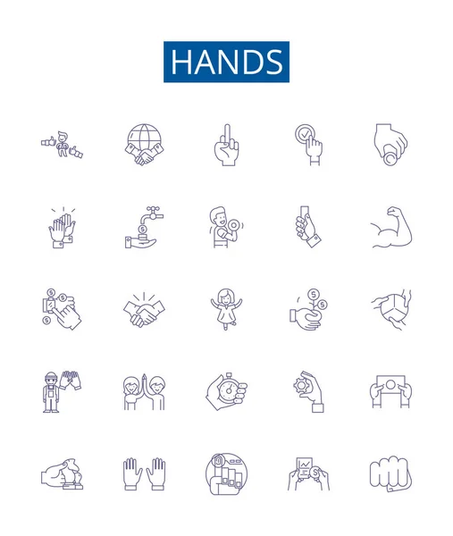 Manos Línea Iconos Signos Establecidos Colección Diseño Palms Clenched Reach — Archivo Imágenes Vectoriales