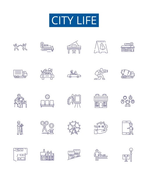 stock vector City life line icons signs set. Design collection of Urban, urbane, cosmopolitan, vibrant, active, bustling, metropolitan, density outline vector concept illustrations