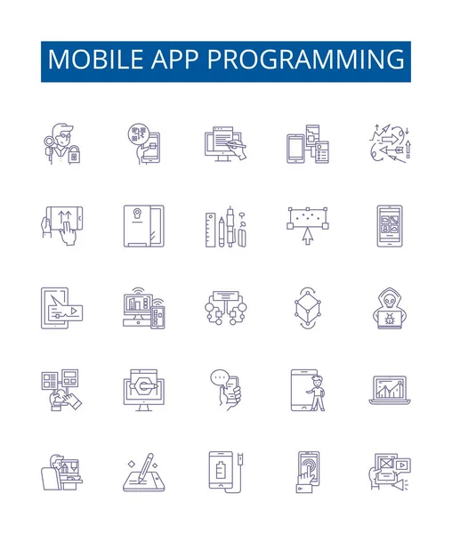 Ikony Programovací Linky Mobilních Aplikací Nastaveny Design Kolekce Programování Mobilní — Stockový vektor