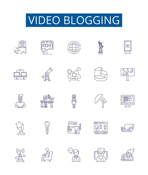 视频博客线图标设置 Vlog Video Blog Videoblogging Videocasting Vlog Vloggers Video Podcasting — 图库矢量图片