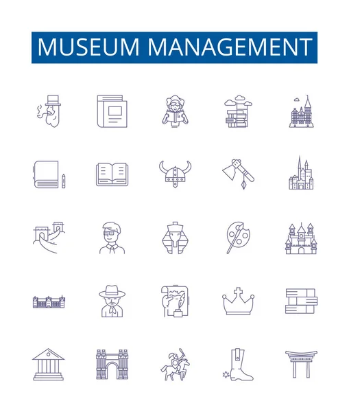 Museum Management Lijn Pictogrammen Borden Ingesteld Design Collectie Van Curating — Stockvector