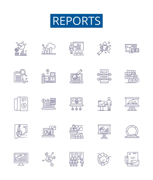 Reports Line Icons Signs Set Design Collection Records Surveys Findings — Stock Vector