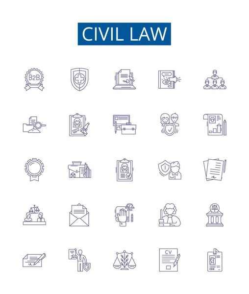 Línea Derecho Civil Iconos Letreros Establecidos Diseño Colección Civil Derecho — Vector de stock