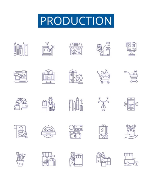 Línea Producción Iconos Letreros Conjunto Diseño Colección Producción Fabricación Producción — Archivo Imágenes Vectoriales