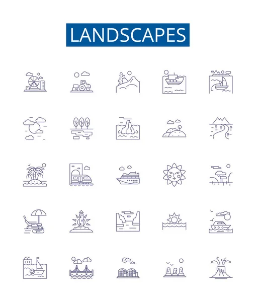 Landscapes Line Icons Signs Set Design Collection Vista Scenery Terrain — Stock Vector
