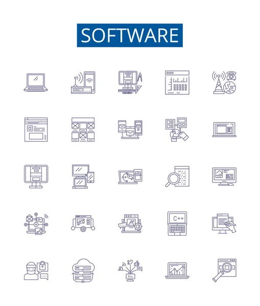 ソフトウェアラインアイコンが設定されています ソフトウェア プログラム アプリケーション コード 実行可能ファイル ソフトウェアシステム パッチ インストールアウトラインベクトルコンセプトイラストのデザインコレクション — ストックベクタ