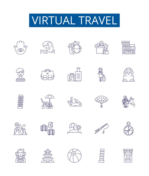 Virtuele Reislijn Pictogrammen Borden Ingesteld Design Collectie Van Virtual Travel — Stockvector