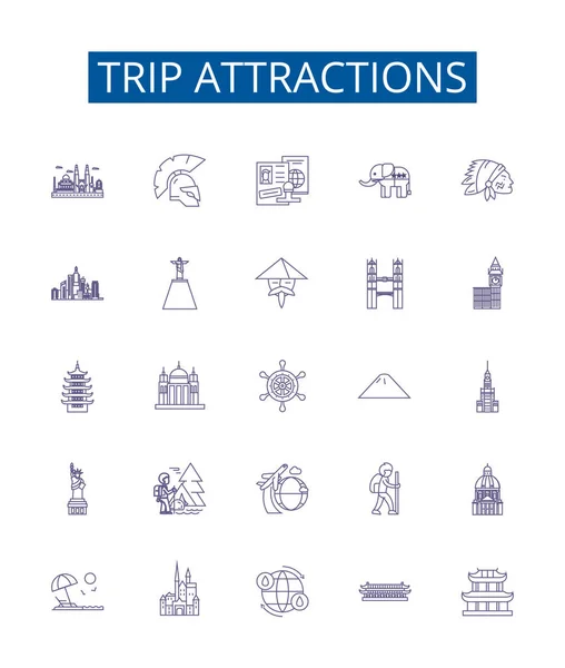 stock vector Trip attractions line icons signs set. Design collection of Tourist, Sightseeing, Local, Adventure, Beaches, Culture, Monuments, Cathedrals outline vector concept illustrations