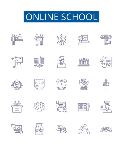 Online Schoollijn Pictogrammen Borden Ingesteld Design Collectie Van Learning Virtueel — Stockvector