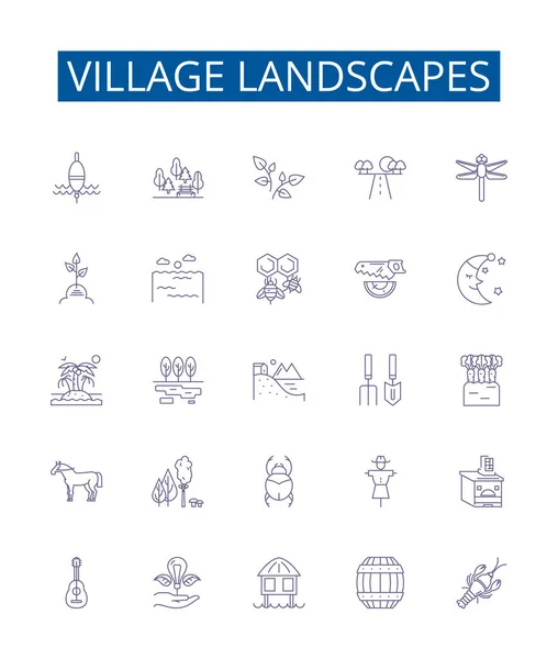 Paysages Villageois Ligne Icônes Signes Ensemble Collection Design Village Paysage — Image vectorielle