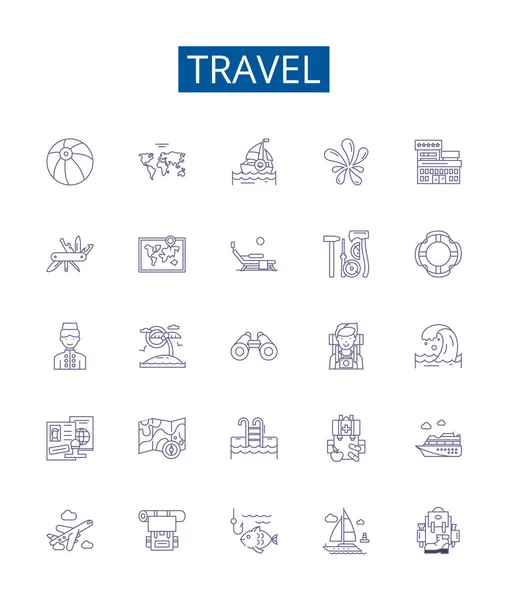 Línea Viaje Iconos Letreros Establecidos Diseño Colección Tour Vacaciones Viaje — Archivo Imágenes Vectoriales