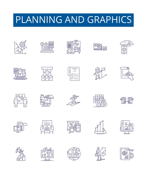 Σχεδιασμός Και Γραφική Γραμμή Εικονίδια Σήματα Που Design Collection Planning — Διανυσματικό Αρχείο