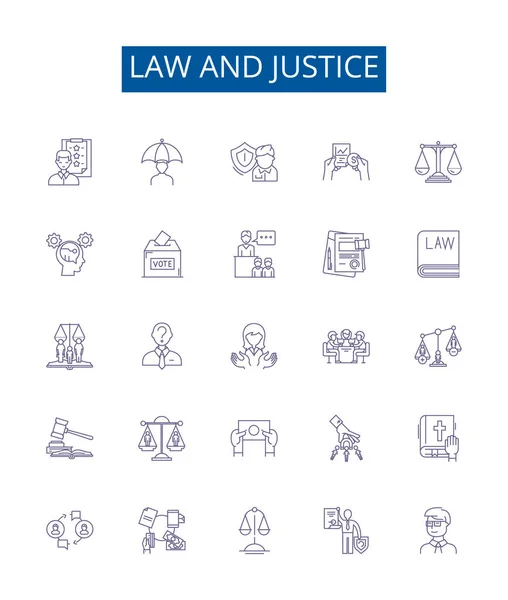 法律と司法ラインのアイコンが設定されています 正義の概要ベクトルの概念図のデザインコレクション — ストックベクタ