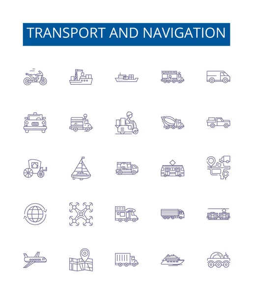 Transporte Linha Navegação Ícones Sinais Definidos Design Coleção Transporte Navegação — Vetor de Stock