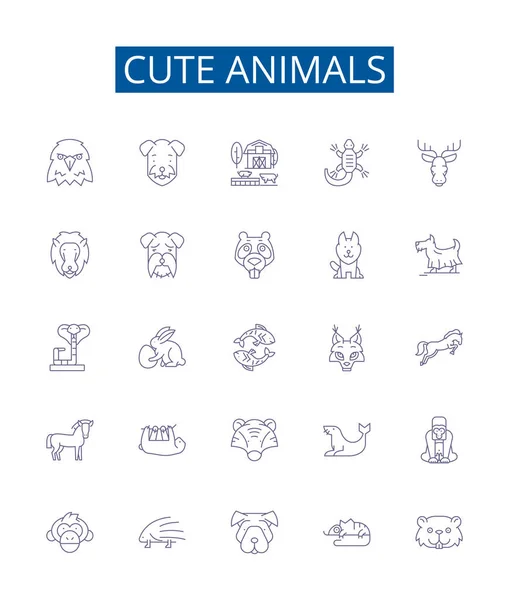 Cute Animals Line Icons Signs Set Design Collection Furry Kittens — Stock Vector