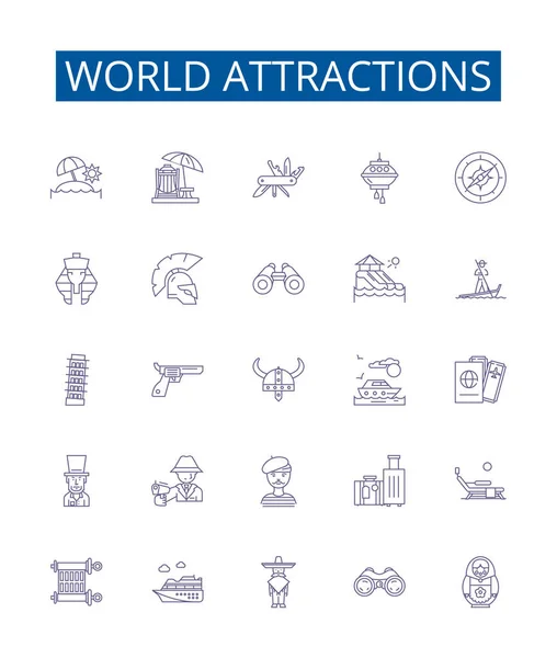 World Attractions Line Icons Signs Set Design Collection Sites Destinations — Stock Vector