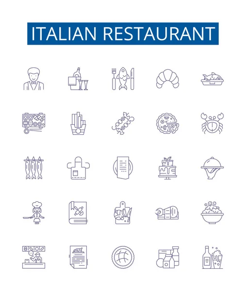 stock vector Italian restaurant line icons signs set. Design collection of Italian, restaurant, cuisine, pasta, pizza, bread, garlic, basil outline vector concept illustrations