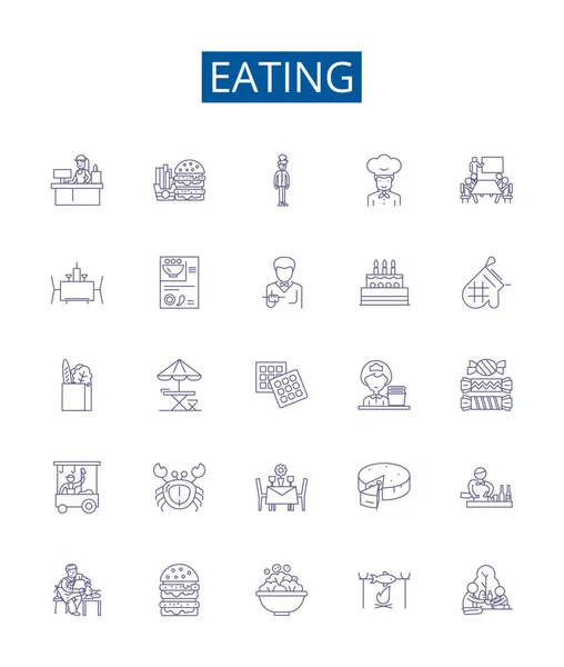 Eating Line Icons Signs Set Design Collection Munching Scoffing Chewing — Stock Vector