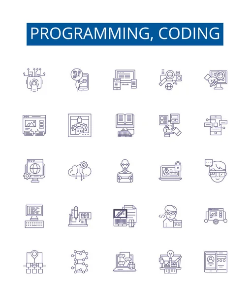 Programowanie Kodowanie Ikon Linii Zestaw Znaków Kolekcja Projektowa Programowania Kodowania — Wektor stockowy