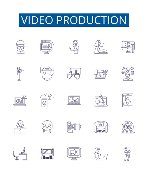 Ikony Linii Produkcyjnej Wideo Ustawione Design Collection Cinematography Filmowanie Edycja — Wektor stockowy