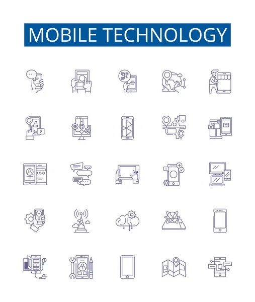 Sada Ikon Mobilních Technologiích Design Kolekce Smartphone Apps Network Wireless — Stockový vektor