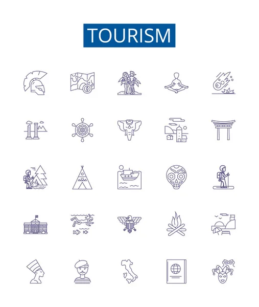 Туризм Линии Иконки Набор Символов Дизайнерская Коллекция Travel Sightseeing Holiday — стоковый вектор