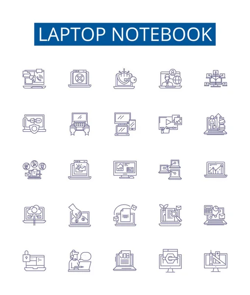 Laptop Notebook Linea Icone Segni Impostati Raccolta Design Laptop Notebook — Vettoriale Stock
