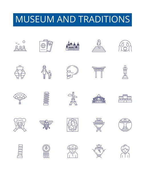 Musée Traditions Ligne Icônes Signes Ensemble Collection Design Musées Traditions — Image vectorielle