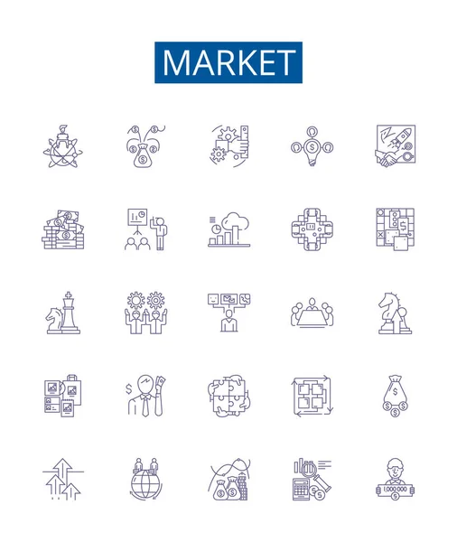 Linha Mercado Ícones Sinais Definidos Coleção Design Mercado Comércio Compras —  Vetores de Stock