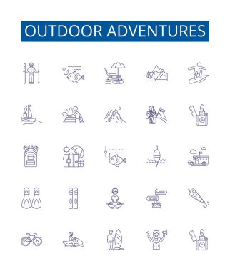 Açık hava maceraları çizgi simgeleri ayarlandı. Trekking, Hiking, Kamp, Kayak, Kano, Kaya tırmanışı, Dağ Bisikleti, İniş konsepti çizimleri tasarım koleksiyonu
