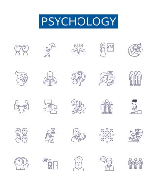 Psikoloji çizgi simgeleri ayarlandı. Psikoloji, Akıl, Beyin, Duygular, Davranış, Bilişsellik, Geliştirme, Kişilik ana hatları konsept çizimleri tasarım koleksiyonu
