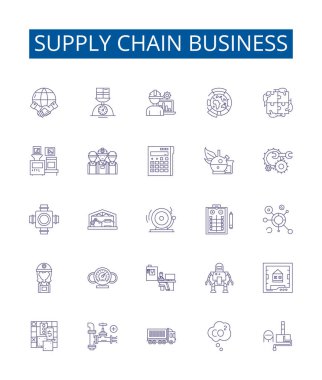 Tedarik zinciri simgeleri ayarlandı. Dağıtım, Lojistik, Tedarik, Depo, Envanter, Üretim, Dış Kaynak, Nakliye ana hatları vektör çizimleri tasarımı