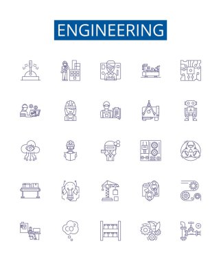 Mühendislik çizgisi simgeleri ayarlandı. Tasarım koleksiyonu: Mühendislik, Teknoloji, Tasarım, Üretim, İnşaat, Elektronik, Mekanik, Bilim ana Hattı: