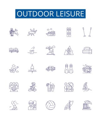 Açık hava eğlence çizgisi simgeleri ayarlandı. Kamp, Yürüyüş, Balıkçılık, Kayak, Bisiklet, Yüzme, Tekne, Tırmanış konsepti çizimleri