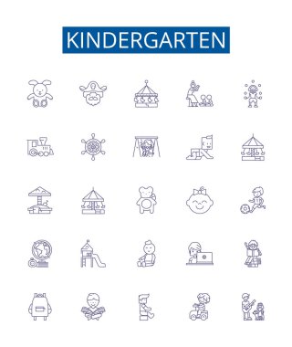Anaokulu çizgi simgeleri ayarlandı. Anaokulu, kreş, Erken, Eğitim, Öğrenim, Oyun, Kinder, Yürüyen bebek vektör çizimleri tasarım koleksiyonu