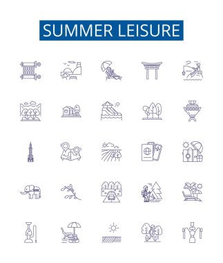 Yaz tatili simgeleri ayarlandı. Tatil, Yüzme, Güneşlenme, Barbekü, Piknik, Kamp, Yürüyüş, Balıkçılık ana hatları vektör çizimleri tasarımı