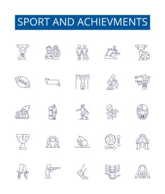 Spor ve başarı çizgisi simgeleri ayarlandı. Sports, Achievements, Victory, Accompliation, Record, Medal, Trophy, Excellence ana hatları vektör çizimleri tasarım koleksiyonu