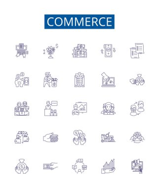 Ticaret hattı simgeleri ayarlandı. Ticari, İhraç, İthalat, Perakende, Satım, Satım, Pazarlama, Nakliye ana hatları vektör çizimleri tasarım koleksiyonu