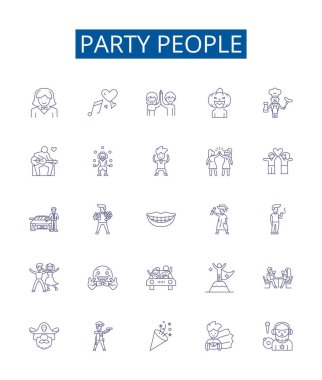 Parti insanları sembol tabelaları yerleştirildi. Tasarım koleksiyonu, şenlikler, şenlik düzenleyiciler, katılımcılar, kutlamalar, konuklar, davetliler, davetliler, şen katılımcılar konsept çizimleri