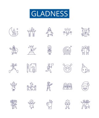 Sevinç çizgisi simgeleri ayarlandı. Cheer, Delight, Merriment, Coşku, Heyecan, Ecstasy, Sevinç, Glee ana hatları konsepti çizimleri tasarım koleksiyonu