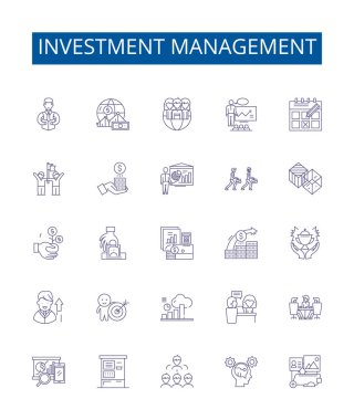 Yatırım yönetimi çizgisi simgeleri ayarlandı. Yatırım, Yönetim, Zenginlik, Portföy, Risk, Sermaye, Varlık, Strateji ana hatları vektör çizimleri tasarım koleksiyonu