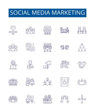 Sosyal medya pazarlama çizgisi simgeleri ayarlandı. Networking, Advertising, Campaigns, Influencers, Strategies, Sites, Targeting, Bağlantı ana hatları vektör çizimleri tasarımı