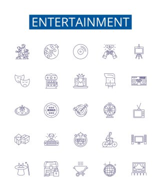 Eğlence hattı simgeleri ayarlandı. Oyunların, filmlerin, tiyatronun, komedinin, müziğin, dansın, sporun, TV ana hatları vektör çizimlerinin tasarım koleksiyonu