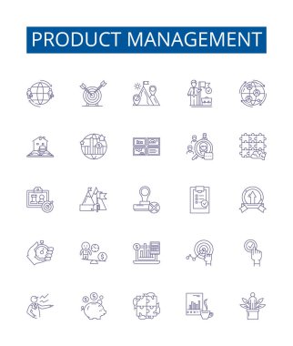 Ürün yönetimi simgeleri ayarlandı. Ürün, Yönetim, Planlama, Tasarım, Geliştirme, İyimser, Çalıştırma, Araştırma ana hatları konsepti çizimleri koleksiyonu