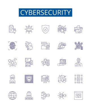Siber güvenlik çizgisi simgeleri ayarlandı. Siber Güvenlik, Ağ, Güvenlik, Saldırı, Önleme, İzleyici, Savunmasızlık, Malware ana hatları vektör çizimleri tasarımı