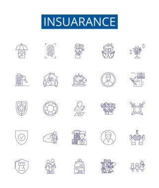 Sigorta satırı simgeleri ayarlandı. Tasarım koleksiyonu, Sigorta, Kapsam, Politikalar, Risk, Koruma, Premium, Yardımlar, Ana hatlı vektör çizimleri